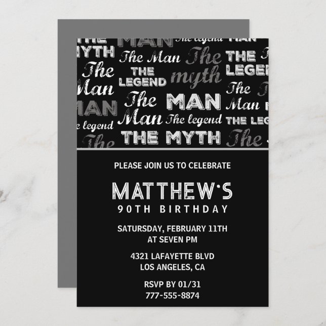 90th birthday invitations for him Men Myth Legend (Front/Back)