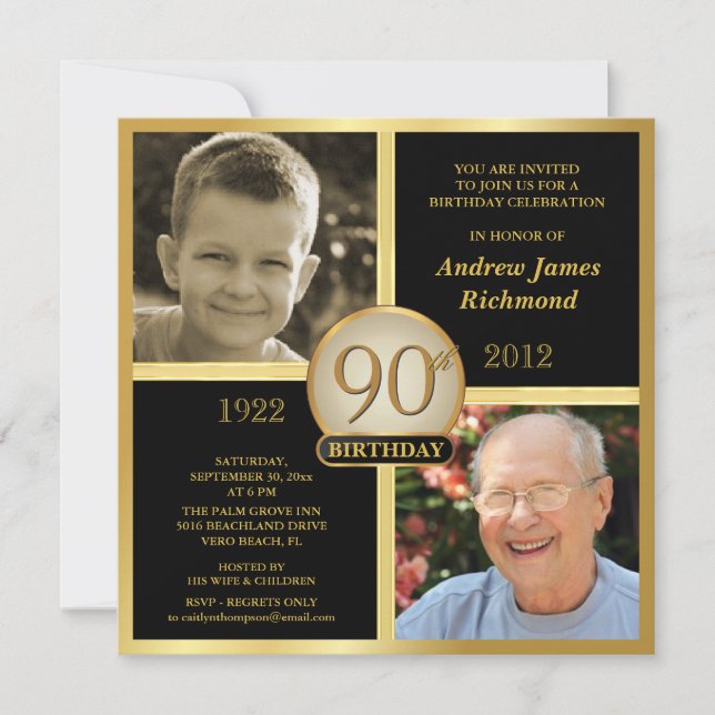 90th Birthday Invitations Then & Now 2 Photos (Front)