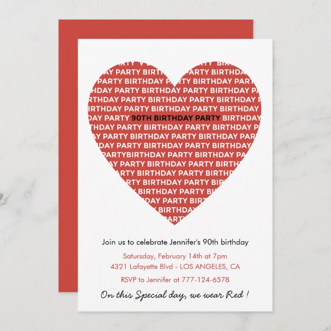 90th birthday invitations Typography Red Black (Front/Back)