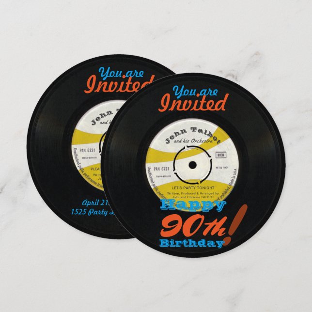 90th Birthday Invite Retro Vinyl Record 45 RPM (Front/Back)