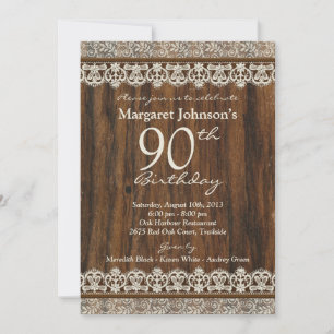 90th Birthday Invite   Vintage Rustic Wood Lace