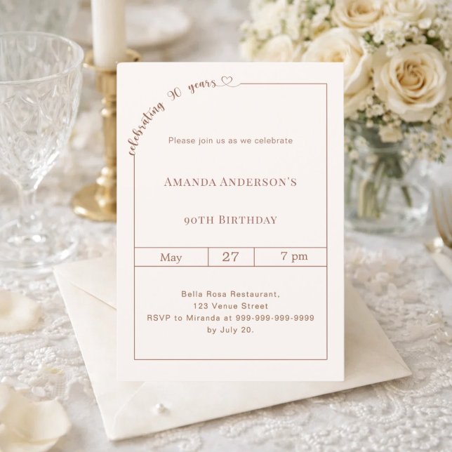 90th birthday ivory cream simple modern invitation (Creator Uploaded)