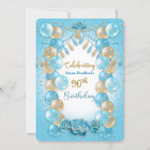 90th Birthday Ladies Blue Gold Balloons Design
