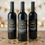 90th Birthday Legend Born 1936 Vintage Black Wine Label<br><div class="desc">A personalized classic wine bottle label design for that birthday celebration for somebody born in 1936 and turning 90. Add the name to this vintage retro style black, white and gold design for a custom birthday gift. Easily edit the name and year with the template provided. A wonderful custom black...</div>