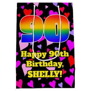 90th Birthday: Loving Hearts Pattern, Rainbow # 90 Medium Gift Bag