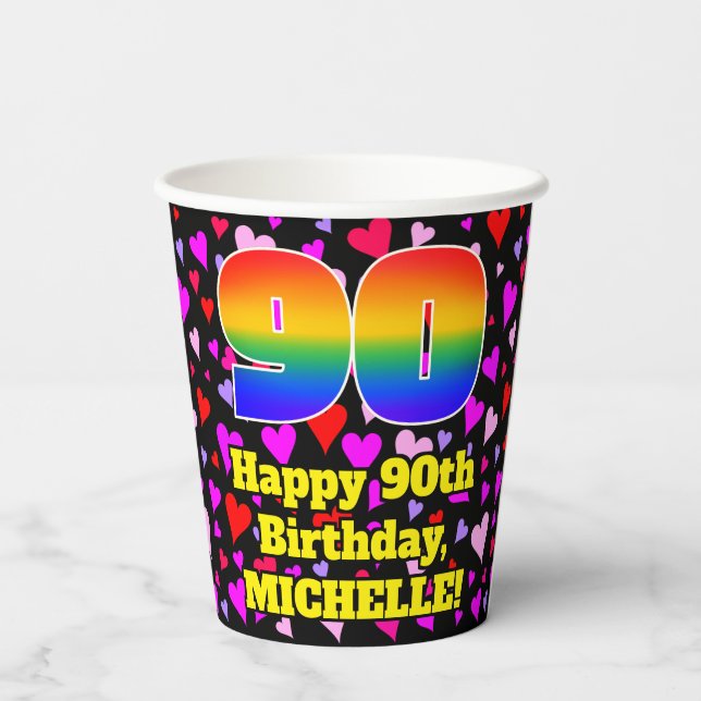 90th Birthday: Loving Hearts Pattern, Rainbow 90 Paper Cups (Back)