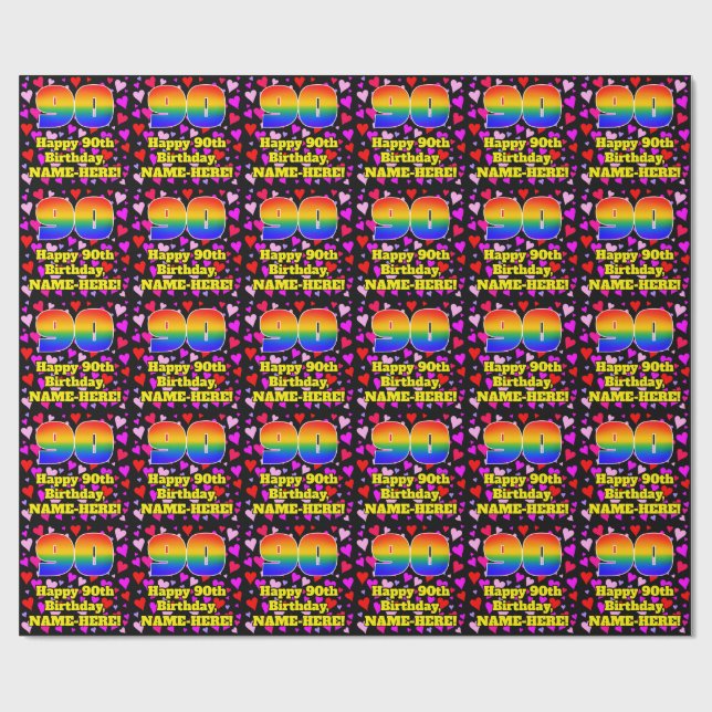 90th Birthday: Loving Hearts Pattern, Rainbow # 90 Wrapping Paper (Flat)