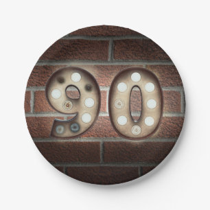 90th birthday marquee sign on brick wall paper plate