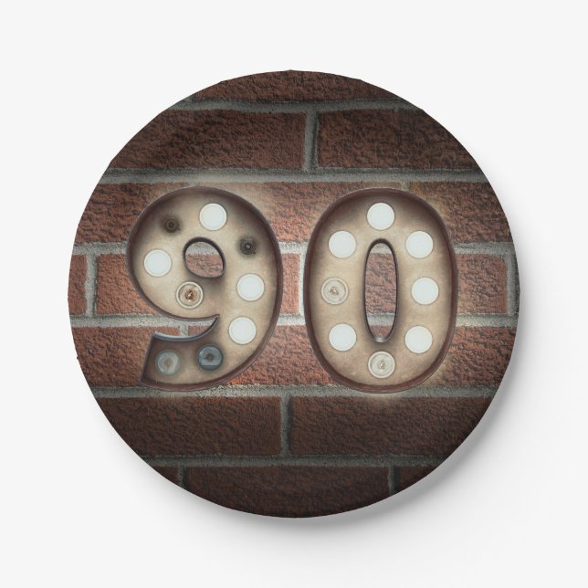 90th birthday marquee sign on brick wall paper plate (Front)