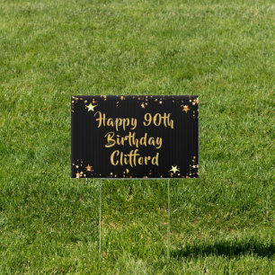 90th Birthday Modern Black and Gold Stars Garden Sign