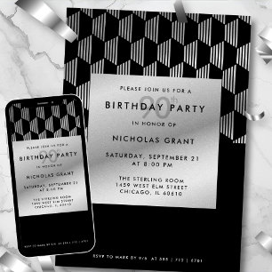 90th Birthday Modern Black Faux Silver Foil Invitation