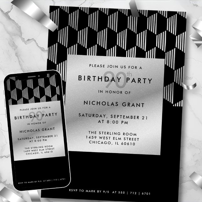 90th Birthday Modern Black Faux Silver Foil Invitation (Creator Uploaded)