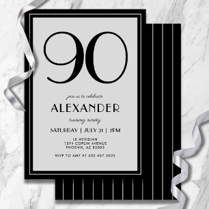 90th Birthday Modern Minimalist Mens Black Grey Invitation