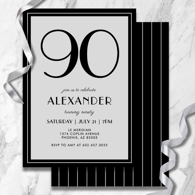 90th Birthday Modern Minimalist Mens Black Grey Invitation (Modern black and light gray design—minimal, bold, and effortlessly stylish.)