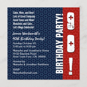 90th Birthday Modern Red White Blue Stars W302 Invitation