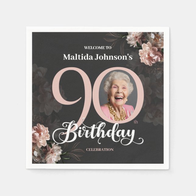 90th Birthday Moody Floral Pink Custom Photo Napkin (Front)