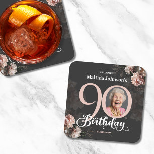 90th Birthday Moody Floral Pink Custom Photo Square Paper Coaster