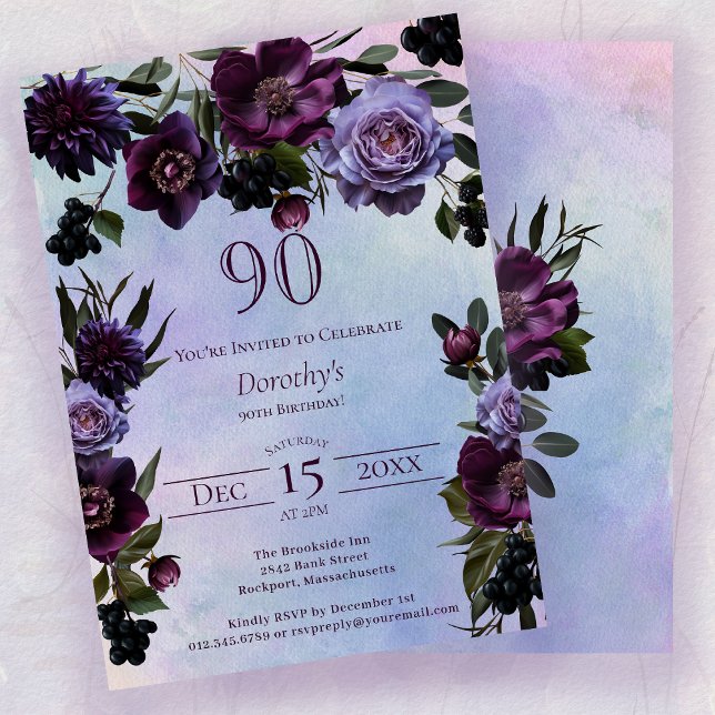 90th Birthday Moody Purple Gothic Flower Invitation (Creator Uploaded)
