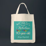 90th Birthday Most Fabulous Colourful Gem Tote Bag<br><div class="desc">Celebrate the milestone birthday of your favourite senior citizen with this fun gift reminding them of how fabulous they are. White and grey lettering on deep turquoise background. Colourful diamond-cut gems in rainbow tones serve as accent. Customise with names, initials or other text. This series is in increments of 5...</div>