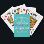 90th Birthday Most Fabulous Colourful Gem Turquois Playing Cards<br><div class="desc">Celebrate the milestone birthday of your favourite senior citizen with this fun gift reminding them of how fabulous they are. White and grey lettering on deep turquoise background. Colourful diamond-cut gems in rainbow tones serve as accent. Customise with names, initials or other text. This series is in increments of 5...</div>