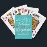 90th Birthday Most Fabulous Colourful Gem Turquois Playing Cards<br><div class="desc">Celebrate the milestone birthday of your favourite senior citizen with this fun gift reminding them of how fabulous they are. White and grey lettering on deep turquoise background. Colourful diamond-cut gems in rainbow tones serve as accent. Customise with names, initials or other text. This series is in increments of 5...</div>