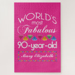90th Birthday Most Fabulous Colourful Gems Pink Jigsaw Puzzle<br><div class="desc">Celebrate the milestone birthday of your favourite senior citizen with this fun gift reminding them of how fabulous they are. White and grey lettering on deep turquoise background. Colourful diamond-cut gems in rainbow tones serve as accent. Customise with names, initials or other text. This series is in increments of 5...</div>