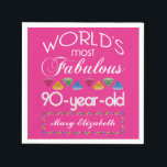 90th Birthday Most Fabulous Colourful Gems Pink Napkin<br><div class="desc">Celebrate the milestone birthday of your favourite senior citizen with this fun gift reminding them of how fabulous they are. White and grey lettering on deep pink background. Colourful diamond-cut gems in rainbow tones serve as accent. Customise with names, initials or other text. This series is in increments of 5...</div>