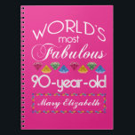 90th Birthday Most Fabulous Colourful Gems Pink Notebook<br><div class="desc">Celebrate the milestone birthday of your favourite senior citizen with this fun gift reminding them of how fabulous they are. White and grey lettering on deep pink background. Colourful diamond-cut gems in rainbow tones serve as accent. Customise with names, initials or other text. This series is in increments of 5...</div>