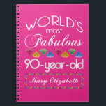 90th Birthday Most Fabulous Colourful Gems Pink Notebook<br><div class="desc">Celebrate the milestone birthday of your favourite senior citizen with this fun gift reminding them of how fabulous they are. White and grey lettering on deep pink background. Colourful diamond-cut gems in rainbow tones serve as accent. Customise with names, initials or other text. This series is in increments of 5...</div>