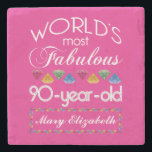 90th Birthday Most Fabulous Colourful Gems Pink Stone Coaster<br><div class="desc">Celebrate the milestone birthday of your favourite senior citizen with this fun gift reminding them of how fabulous they are. White and grey lettering on deep pink background. Colourful diamond-cut gems in rainbow tones serve as accent. Customise with names, initials or other text. This series is in increments of 5...</div>