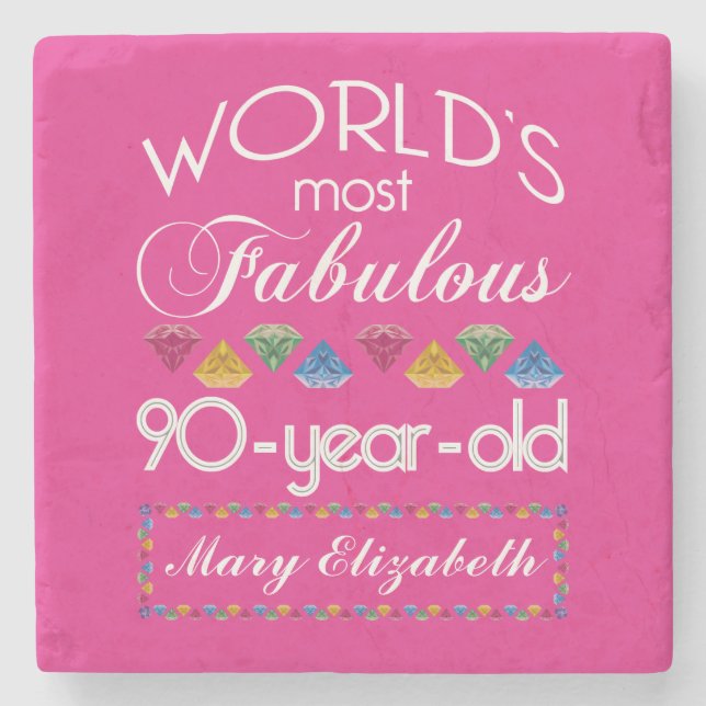90th Birthday Most Fabulous Colourful Gems Pink Stone Coaster (Front)