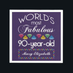 90th Birthday Most Fabulous Colourful Gems Purple Napkin<br><div class="desc">Celebrate the milestone birthday of your favourite senior citizen with this fun gift reminding them of how fabulous they are. White and grey lettering on deep purple background. Colourful diamonds in rainbow tones serve as accent. Customise with names, initials or other text. This series is in increments of 5 years...</div>