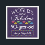 90th Birthday Most Fabulous Colourful Gems Purple Napkin<br><div class="desc">Celebrate the milestone birthday of your favourite senior citizen with this fun gift reminding them of how fabulous they are. White and grey lettering on deep purple background. Colourful diamonds in rainbow tones serve as accent. Customise with names, initials or other text. This series is in increments of 5 years...</div>