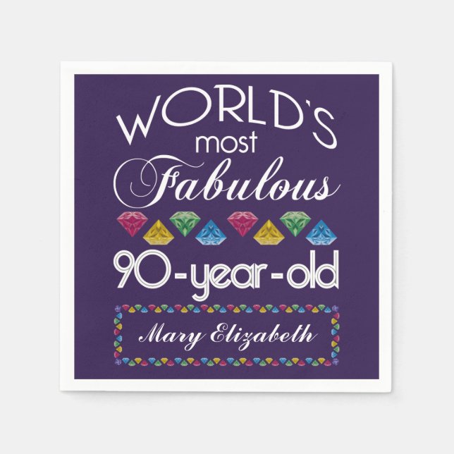90th Birthday Most Fabulous Colourful Gems Purple Napkin (Front)
