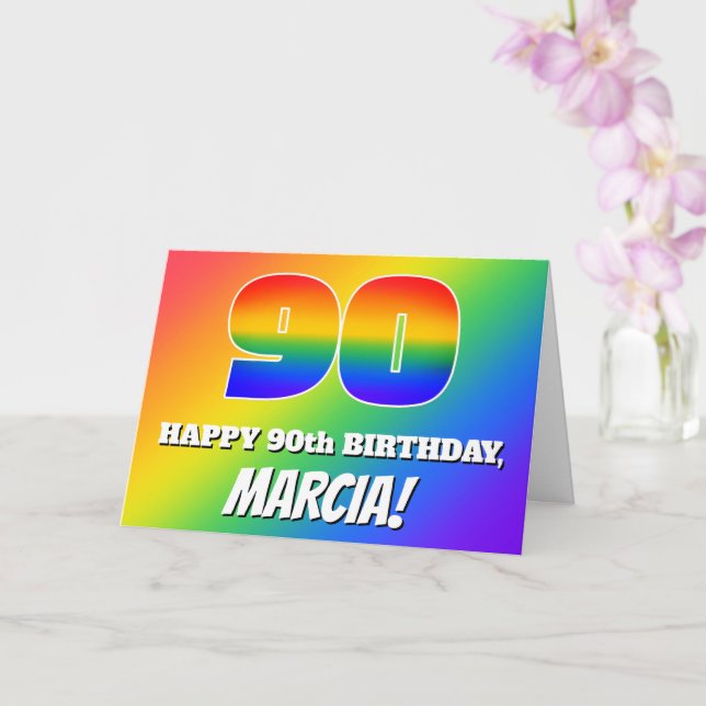 90th Birthday: Multicolored Rainbow Pattern # 90 Card (Orchid)