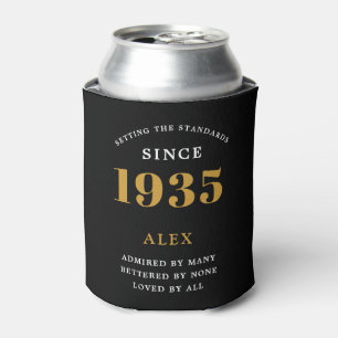 90th Birthday Name 1935 Black Gold Elegant Chic Can Cooler