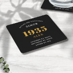 90th Birthday Name 1935 Black Gold Elegant Chic Square Paper Coaster<br><div class="desc">Premium 90th Birthday Black and Gold Personalised Paper Coasters - Celebration Elegance. Celebrate a milestone birthday in style with our chic, premium-quality, 90th Birthday paper coasters. Exquisitely designed with a striking black and gold colour scheme, these coasters add a touch of luxury and sophistication to any 90th birthday bash. Express...</div>