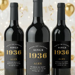 90th Birthday Name 1936 Black Gold Elegant Chic Wine Label<br><div class="desc">1936 Vintage 90th Birthday Black & Gold Elegant Wine Label. Celebrate your milestone with our exclusive 1936 Vintage 90th birthday wine label. The meticulously designed label with stunning black and gold hues effortlessly enhances the visual appeal of your favourite wine. The year 1936, prominently featured on the label, adds a...</div>