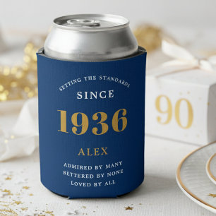 90th Birthday Name 1936 Blue Gold Elegant Chic Can Cooler