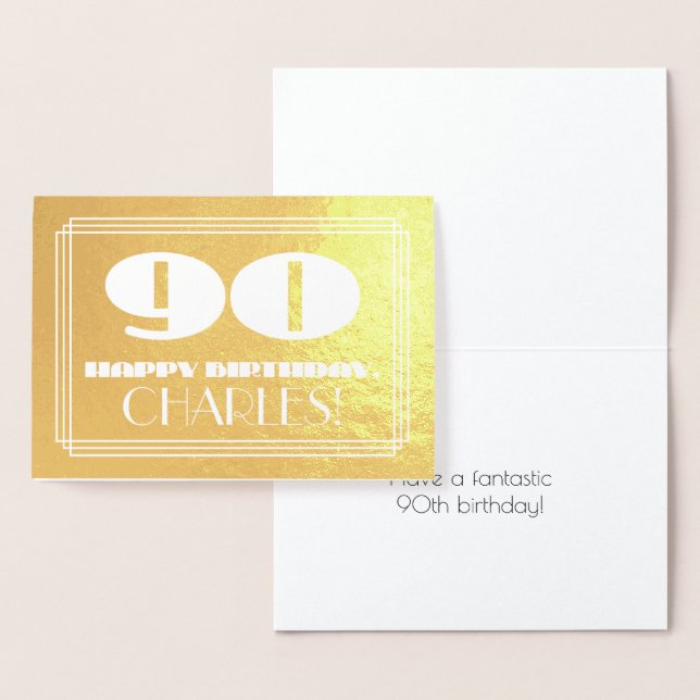 90th Birthday: Name + Art Deco Inspired Look "90" Foil Card (Display)