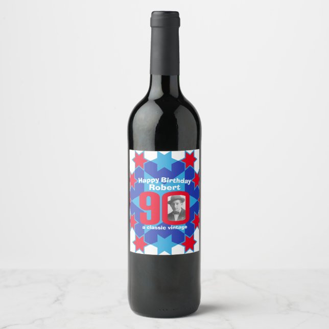90th birthday name photo custom wine labels (Front)