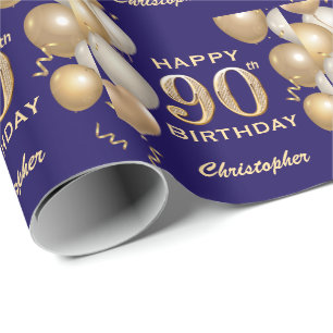 90th Birthday Navy Blue and Gold Glitter Balloons Wrapping Paper