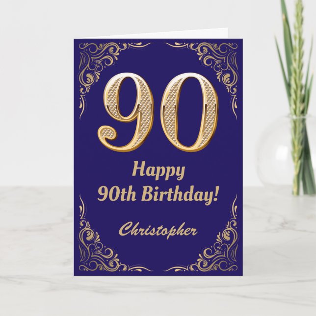 90th Birthday Navy Blue and Gold Glitter Frame Card (Front)