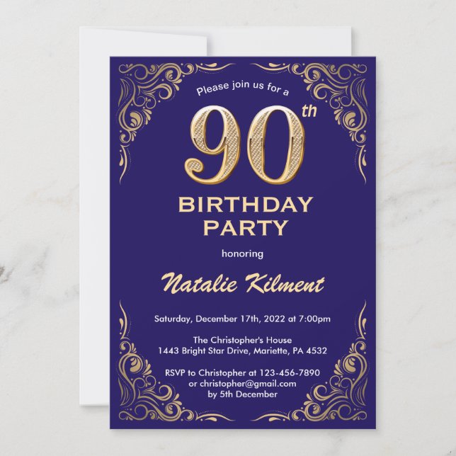 90th Birthday Navy Blue and Gold Glitter Frame Invitation (Front)
