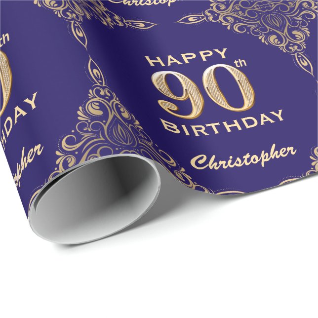 90th Birthday Navy Blue and Gold Glitter Frame Wrapping Paper (Roll Corner)