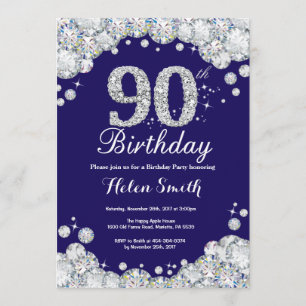 90th Birthday Navy Blue and Silver Diamond Invitation