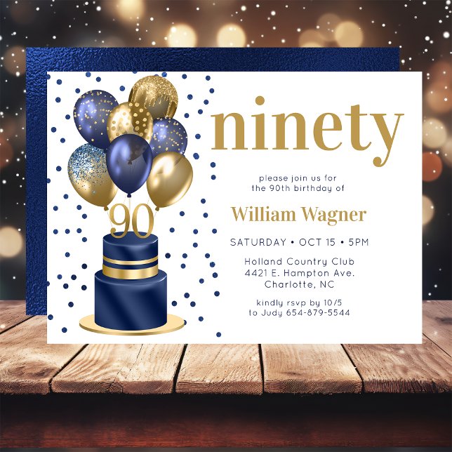 90th Birthday Navy Blue Balloon Cake Invitation (Creator Uploaded)