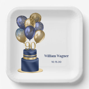 90th Birthday Navy Blue Balloon Cake Paper Plate