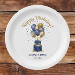 90th Birthday Navy Blue Balloon Cake Paper Plate<br><div class="desc">These modern 90th birthday party 9" paper plates featuring a 2-layer navy blue and gold cake with navy blue and gold balloons, the number 90 in gold and the guest of honour's name and the party date would be perfect for celebrating your husband, brother, dad, uncle, grandfather, great grandfather, friend....</div>