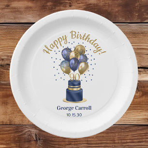 90th Birthday Navy Blue Balloon Cake Paper Plate
